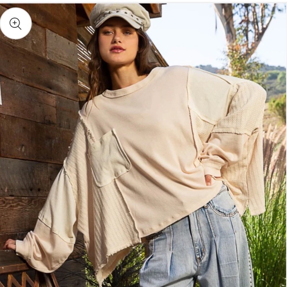 POL Mixed Media Waffle Knit Top Large Patchwork Raw Edge Boho Cream Blush